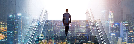 business man climbing stairs of businesses