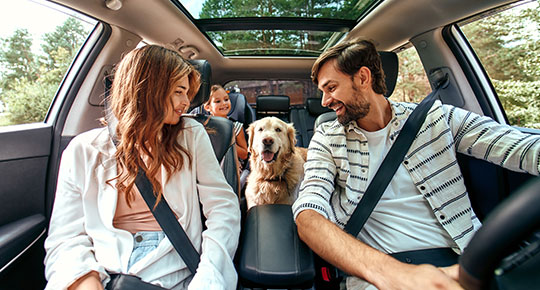 family in car with dog waiting for roadside assistance