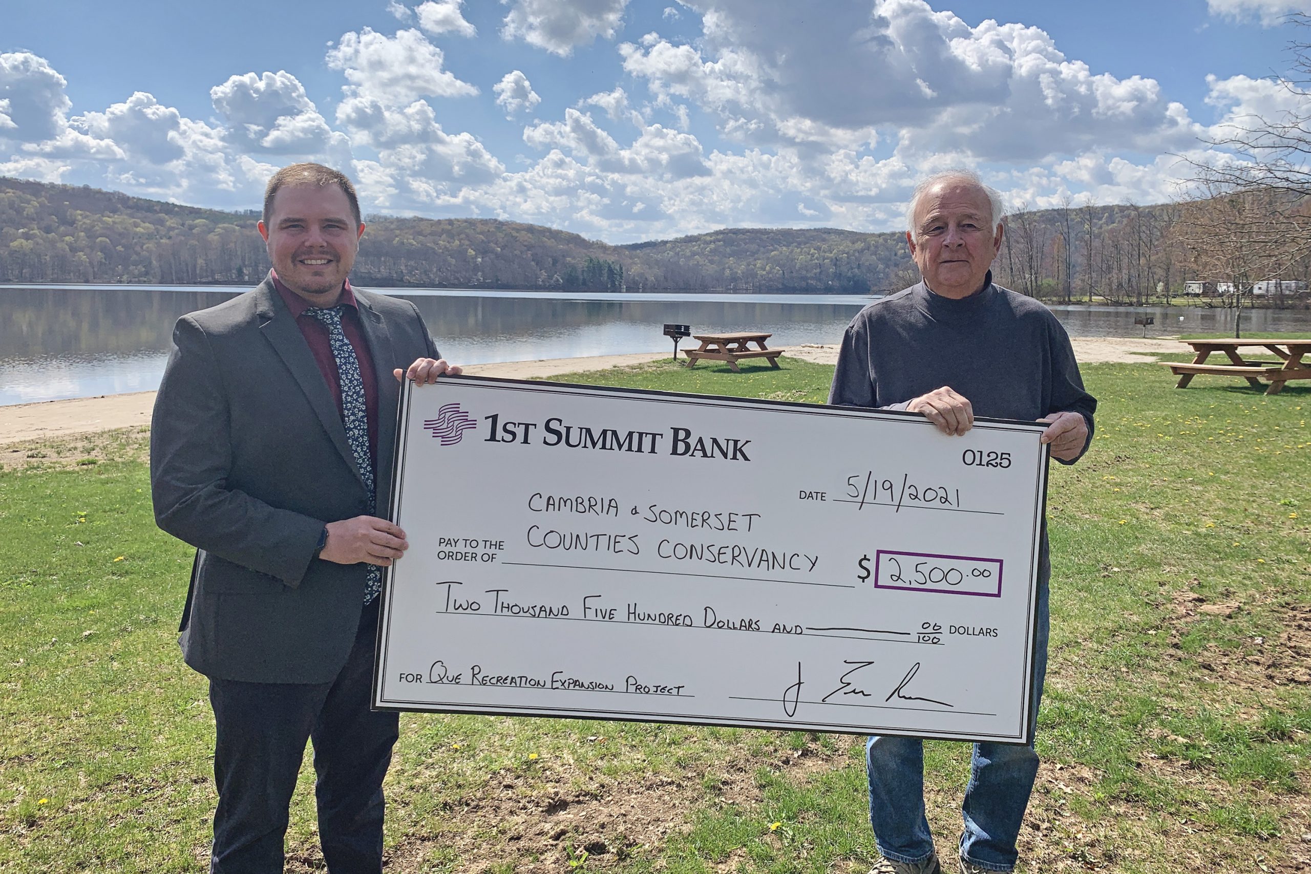 1ST SUMMIT BANK presenting a check to the Cambria & Somerset Counties Conservancy for the Quemahoning Family Recreation Area project