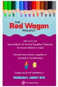 1ST SUMMIT BANK Red Wagon Project sign to collect school supplies for kids