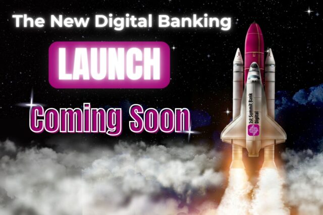 Space-themed banner announcing new digital banking with a pink 'LAUNCH' button and 'Coming Soon' text.