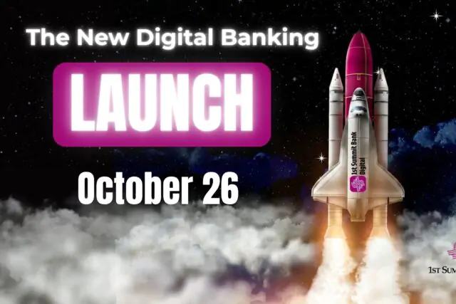 Space-themed banner announcing The New Digital Banking launch on October 26, with a glowing LAUNCH sign and a rocket.