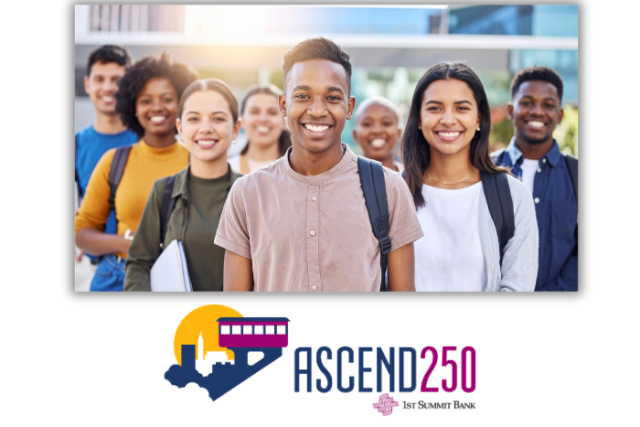 Diverse group of students smiling at the camera outdoors with backpacks; Ascend250 logo beneath the photo.